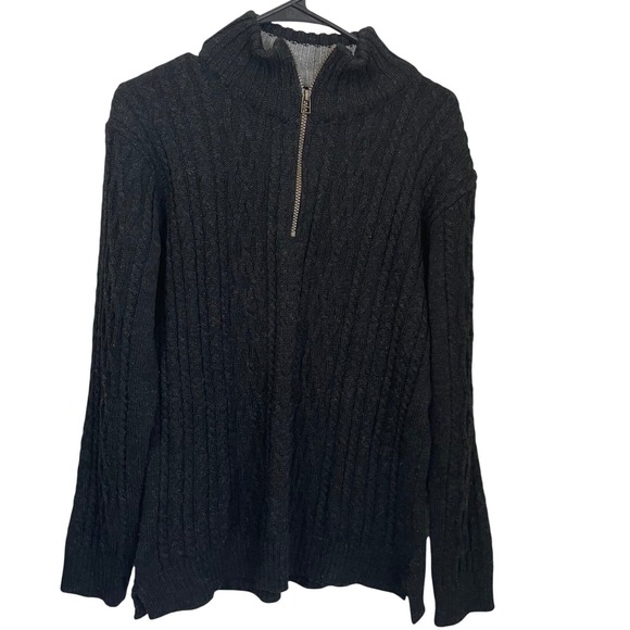 Peregrine Sweaters - Peregrine 100% New Wool Quarter Zip Cable Knit Fisherman Sweater XL Black Gray